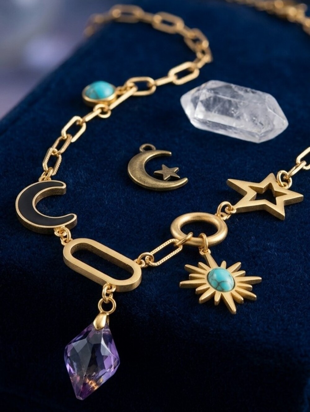 18K Gold Plated Celestial Sun Moon Star Charm Lariat Necklace Boho Whimsigoth